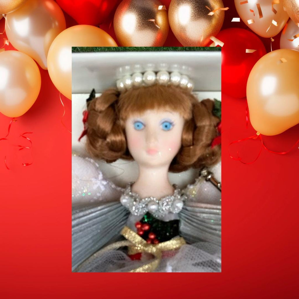 Vintage 1980s Bisque Christmas Angel Tree Topper – 10", Silver Gown & Real Feather Wings