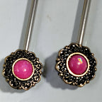 14G Faux Moonstone Nipple Rings – 316L Surgical Steel, Pink-Rouge Cabochon, Sold as Pair
