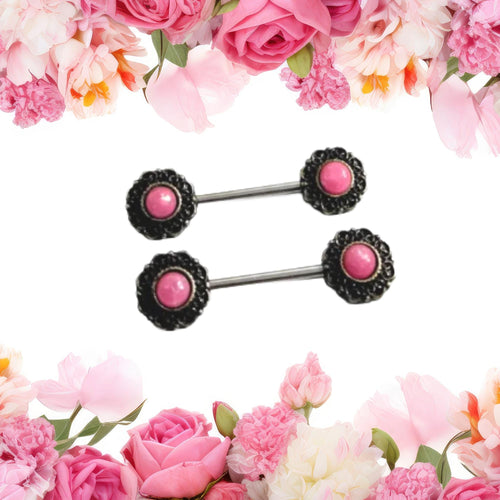 14G Faux Moonstone Nipple Rings – 316L Surgical Steel, Pink-Rouge Cabochon, Sold as Pair