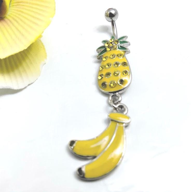 14G Pineapple Dangle Belly Ring – Surgical Steel with Yellow Rhinestones