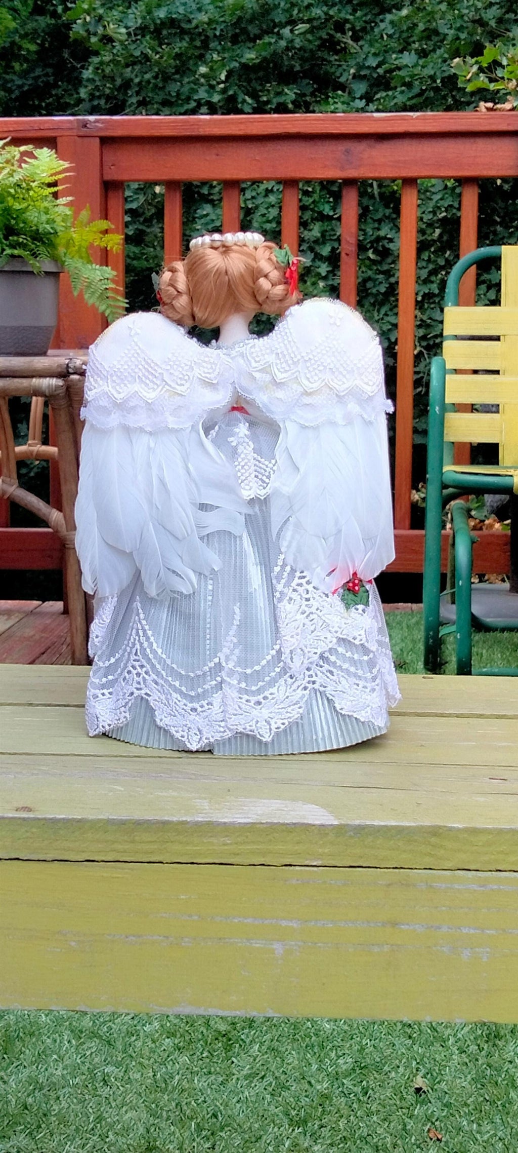 Vintage 1980s Bisque Christmas Angel Tree Topper – 10", Silver Gown & Real Feather Wings