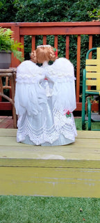 Vintage 1980s Bisque Christmas Angel Tree Topper – 10", Silver Gown & Real Feather Wings