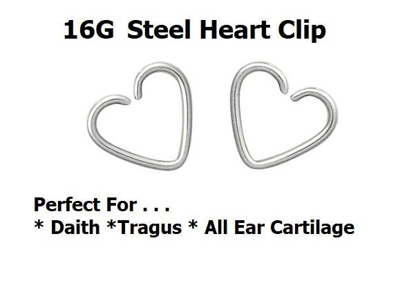 16G Heart Clip Earring – Stainless Steel, Daith, Tragus & Cartilage