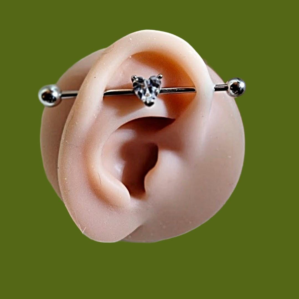 14G Industrial Barbell – Surgical Steel, Diamond-Like Heart Stone, Prong Set