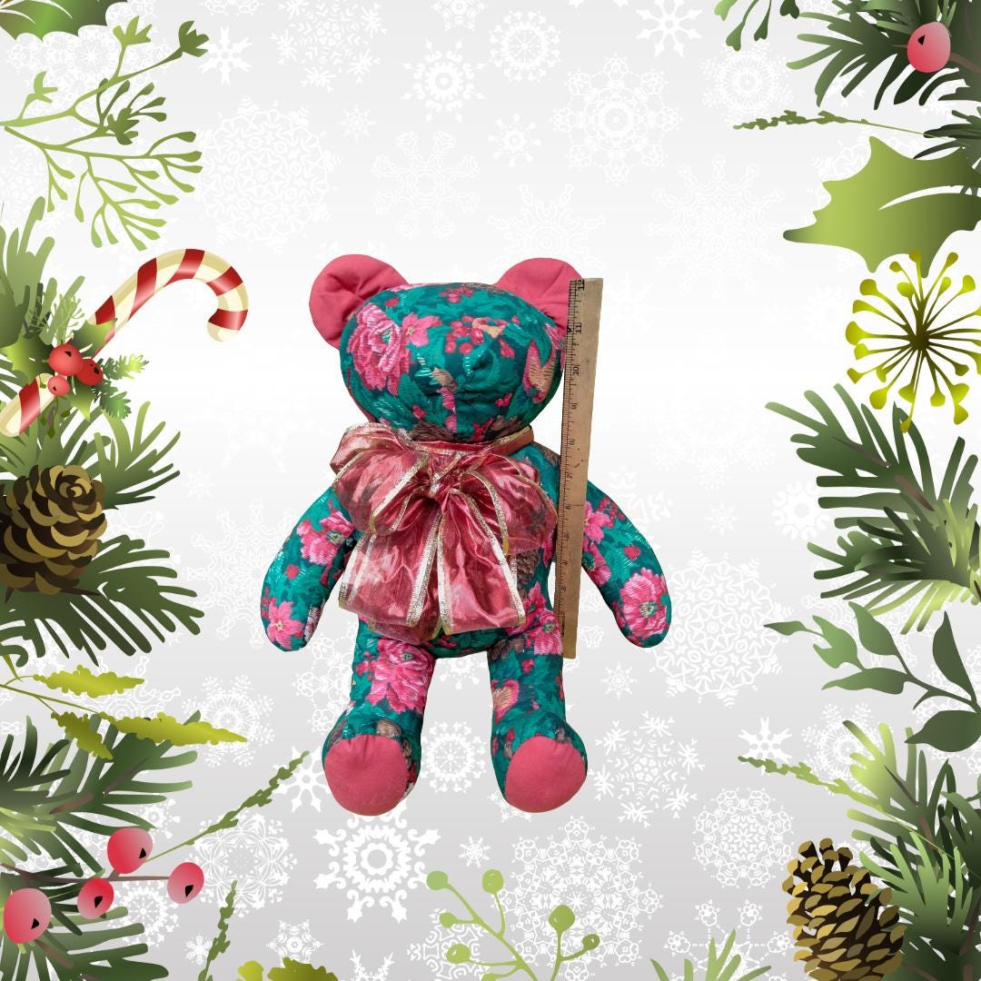 Vintage 1980s Riverdale Christmas Teddy Bear – Poinsettia Fabric, Made in USA, Mint Condition