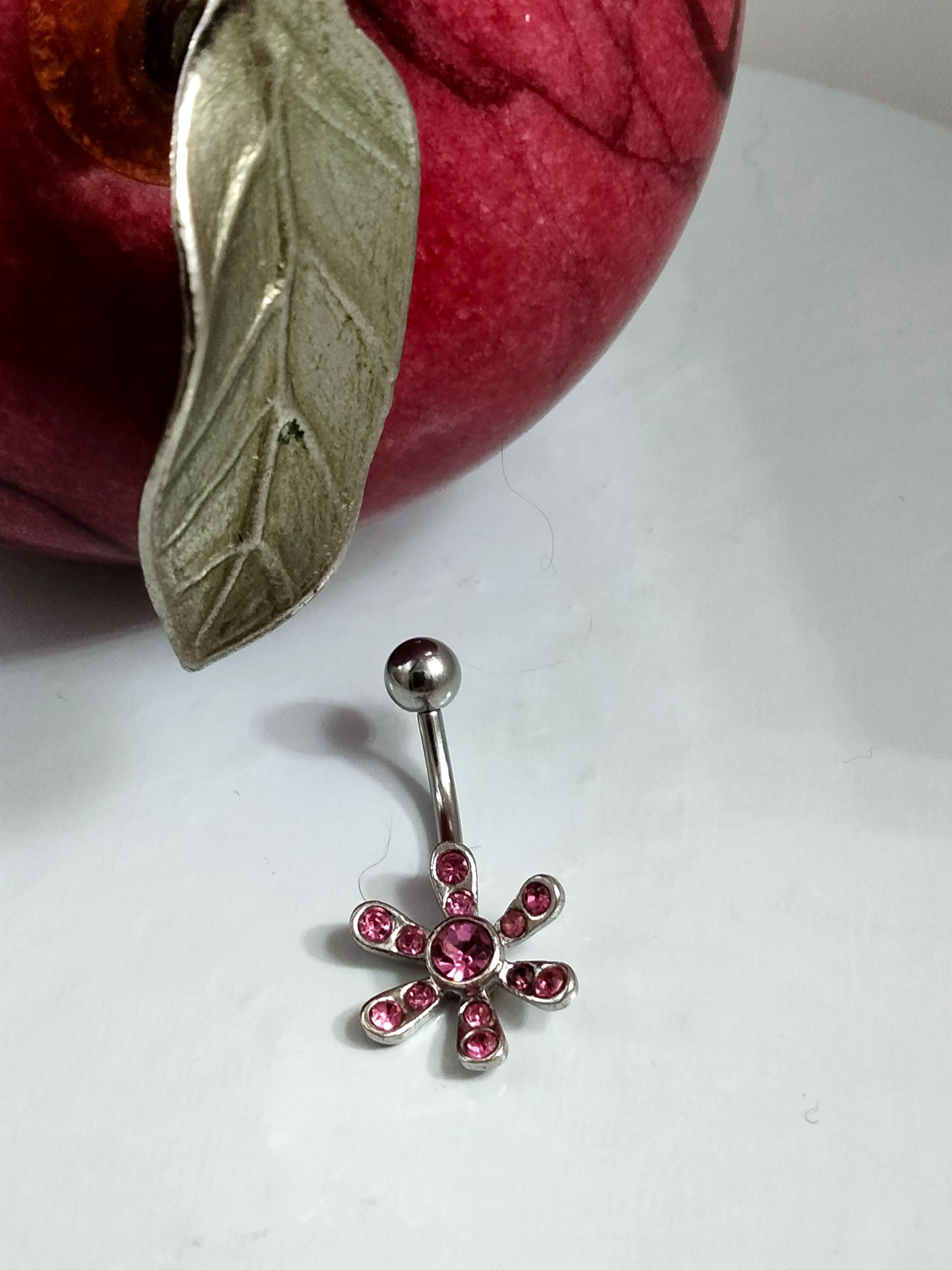 Pink Flower Belly Ring – 14G Rhinestone Navel Jewelry, Surgical Steel