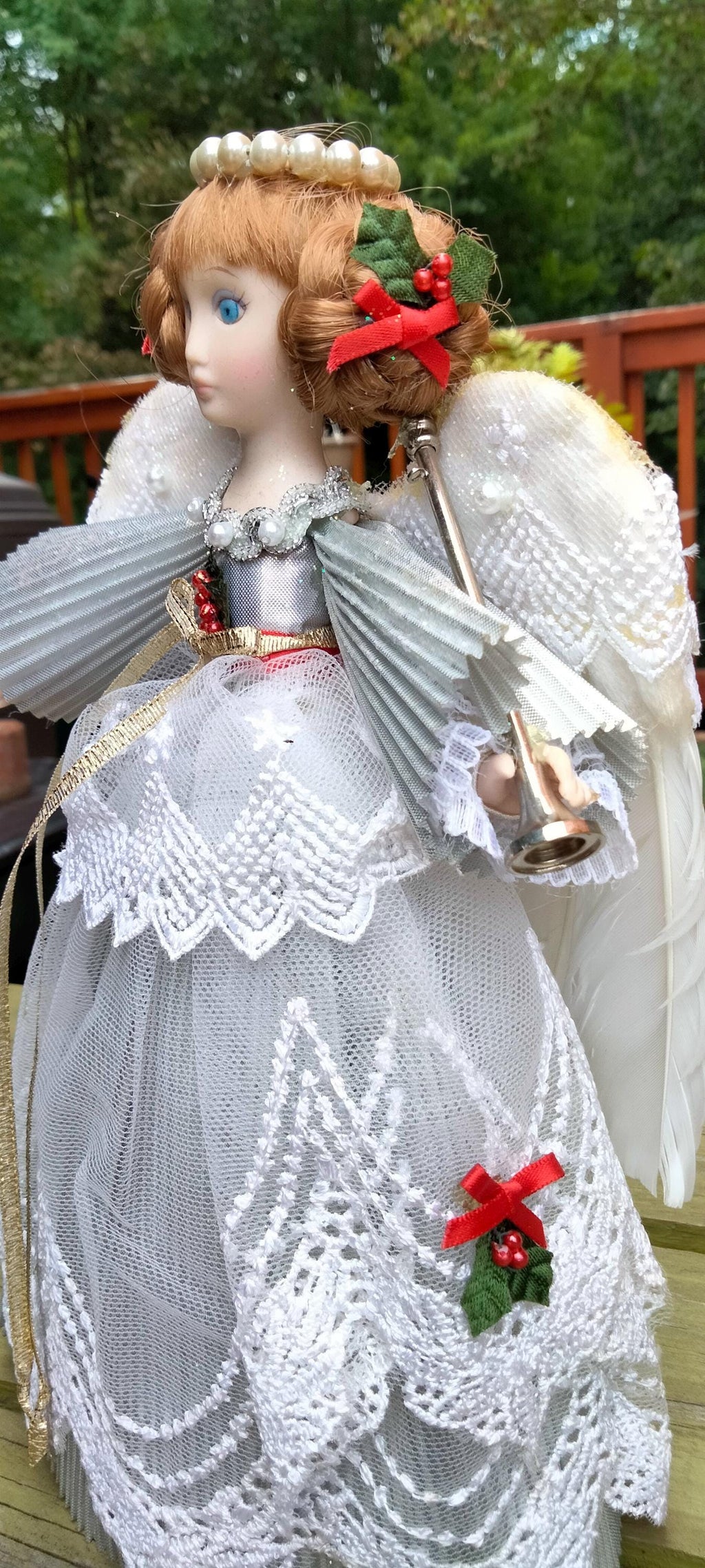 Vintage 1980s Bisque Christmas Angel Tree Topper – 10", Silver Gown & Real Feather Wings