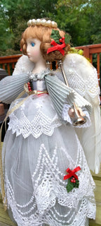 Vintage 1980s Bisque Christmas Angel Tree Topper – 10", Silver Gown & Real Feather Wings