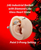 14G Industrial Barbell – Surgical Steel, Diamond-Like Heart Stone, Prong Set