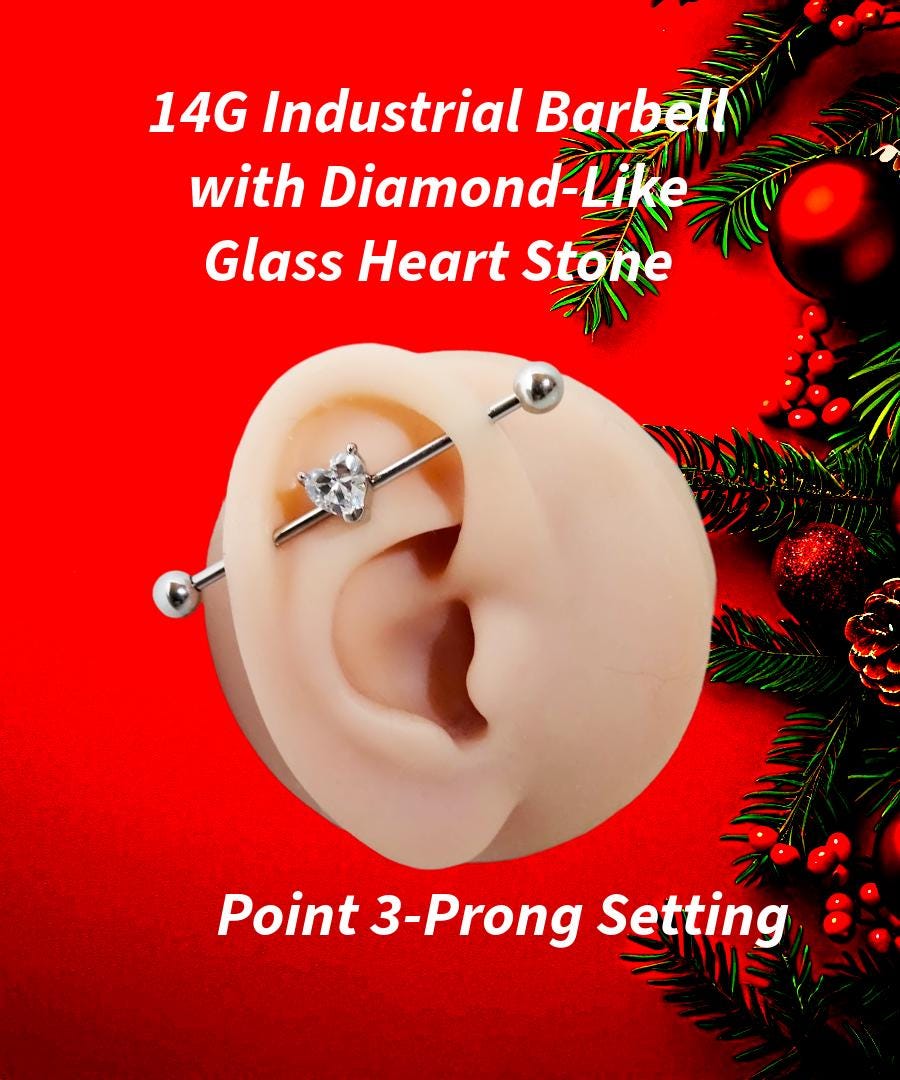 14G Industrial Barbell – Surgical Steel, Diamond-Like Heart Stone, Prong Set