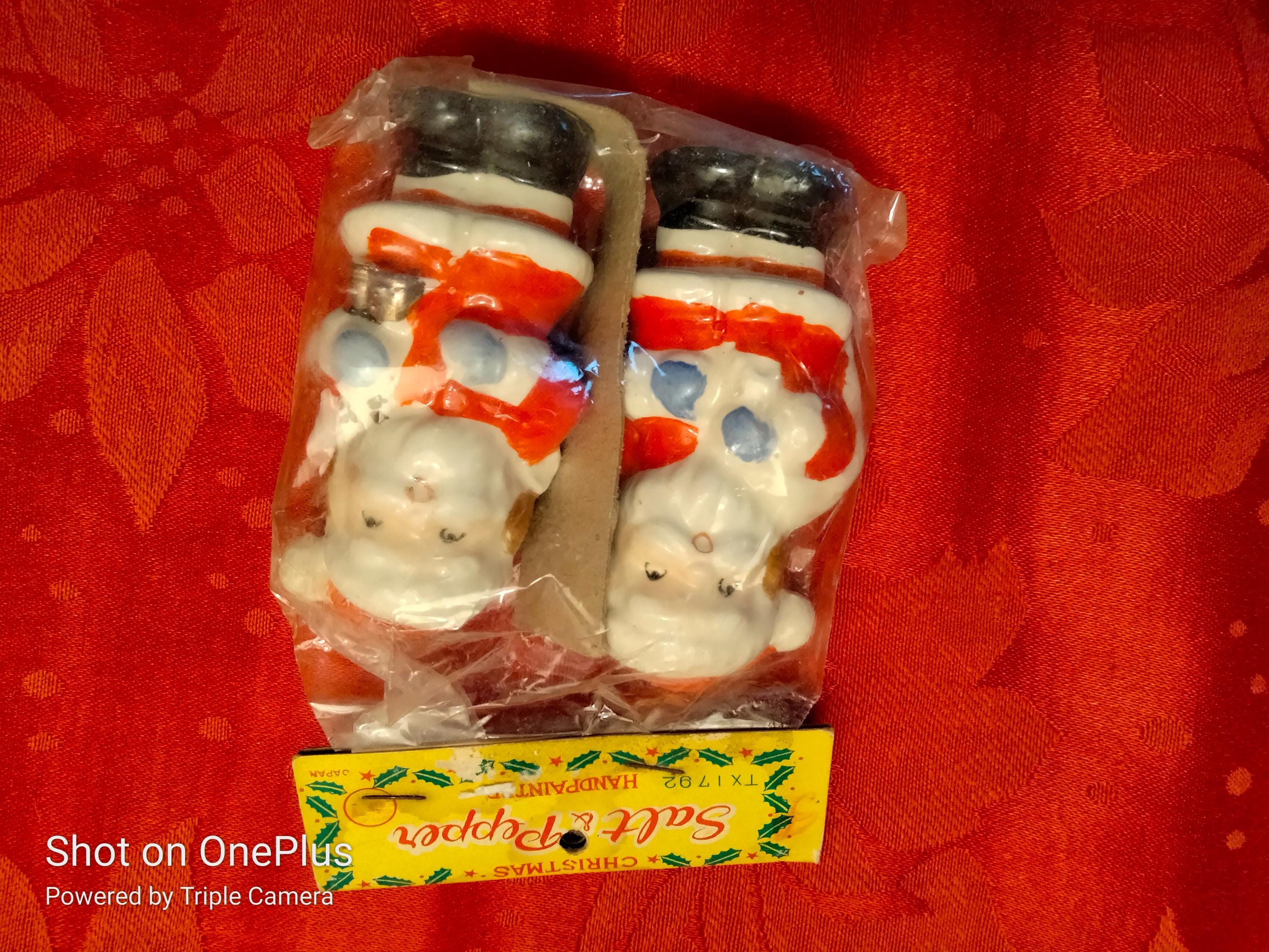 Vintage 1960s Santa & Mrs. Claus Salt & Pepper Shakers + 1970s Plaster Sheep Ornament – Original Packaging