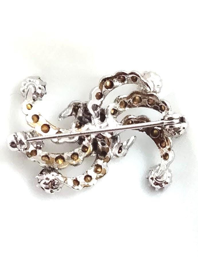 Vintage Rhinestone Bird Brooch – Red & Clear Crystal Pin, 1" x 3/4"