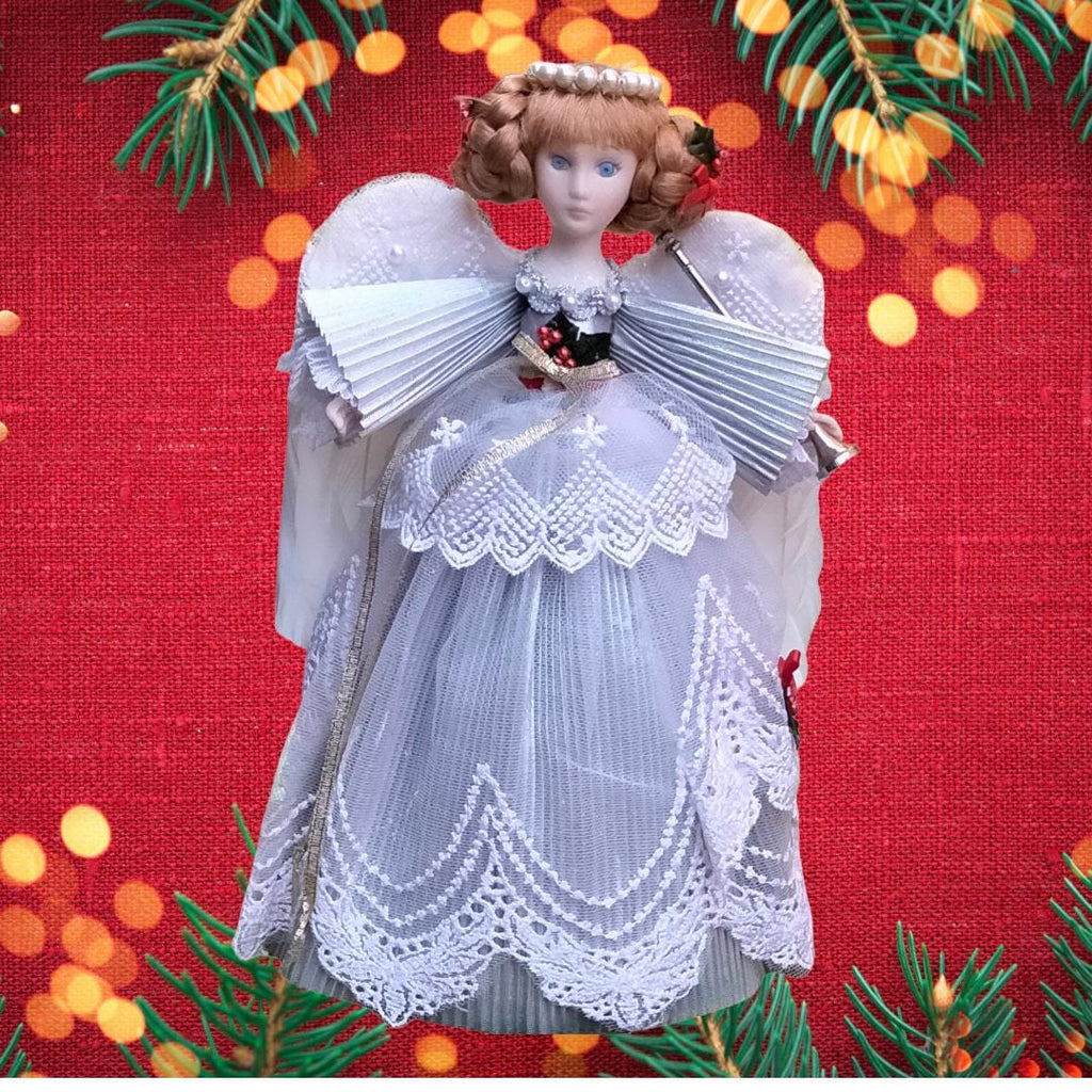 Vintage 1980s Bisque Christmas Angel Tree Topper – 10", Silver Gown & Real Feather Wings