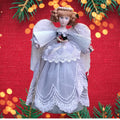 Vintage 1980s Bisque Christmas Angel Tree Topper – 10", Silver Gown & Real Feather Wings