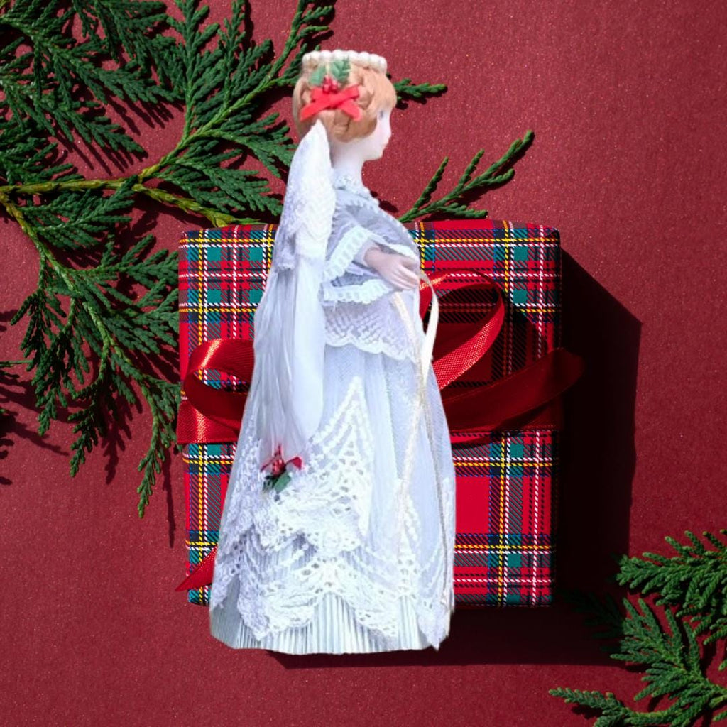 Vintage 1980s Bisque Christmas Angel Tree Topper – 10", Silver Gown & Real Feather Wings