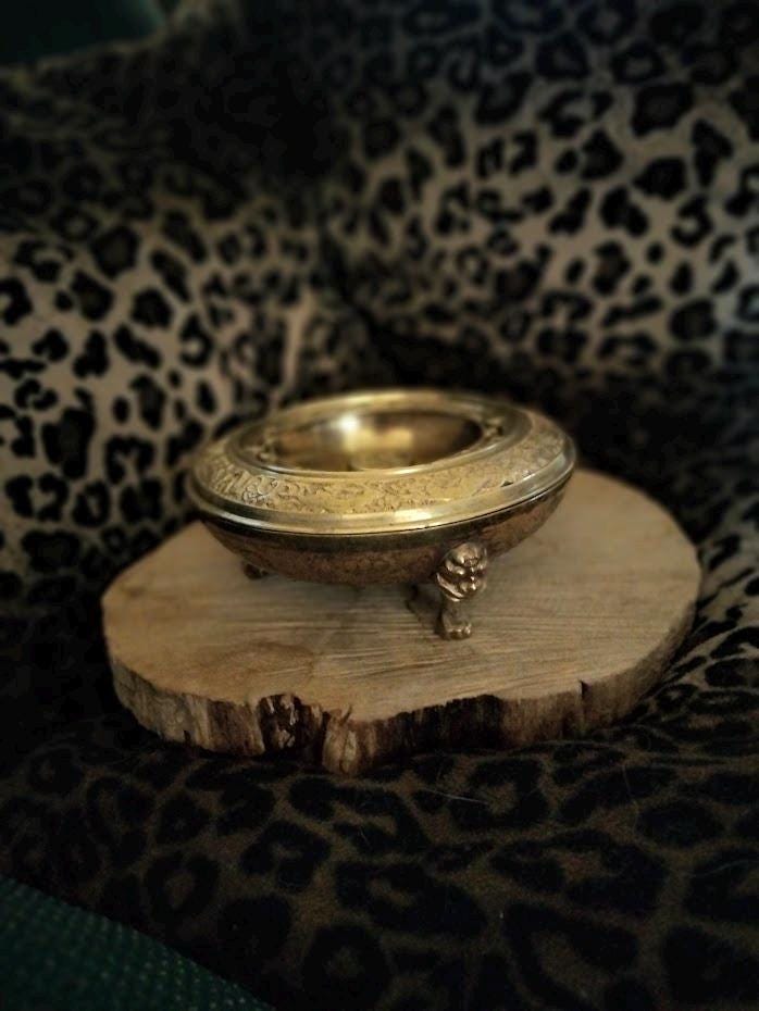 Solid Brass Cigar Ashtray & Incense Burner | Ornate Lid | Mid-Century Vintage