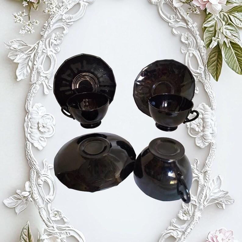 13-Piece Vintage Black Amethyst Glass Hostess Set | Art Deco Gothic Glam | 1930s