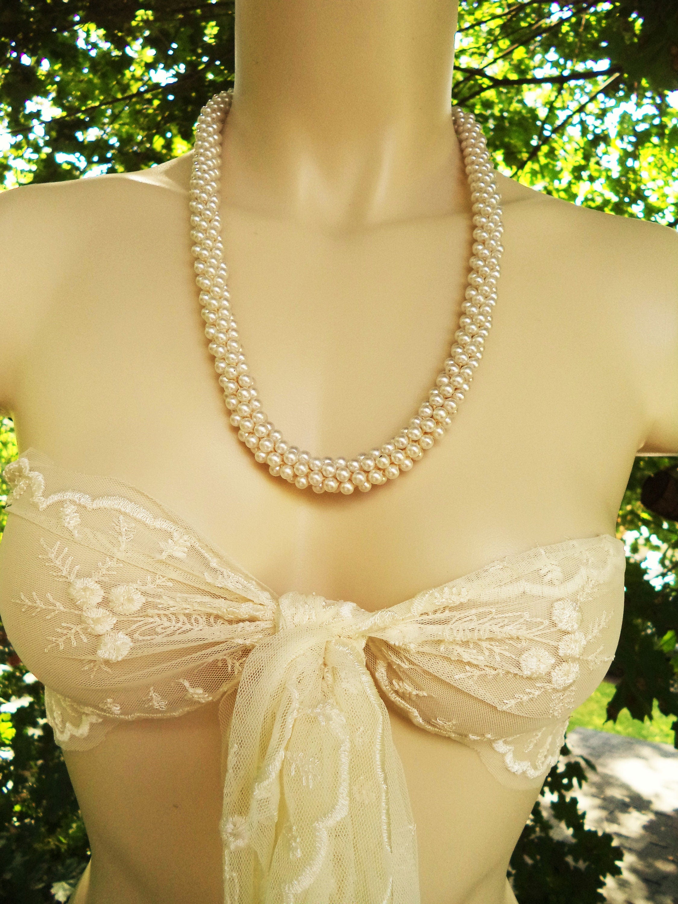 Vintage Faux Creamy White Pearl Crochet Rope Necklace – 12", Slip-Over-Head
