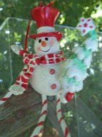 Ice Skating Snowman Christmas Ornament – Wood & Glitter, Striped Scarf & Red Top Hat