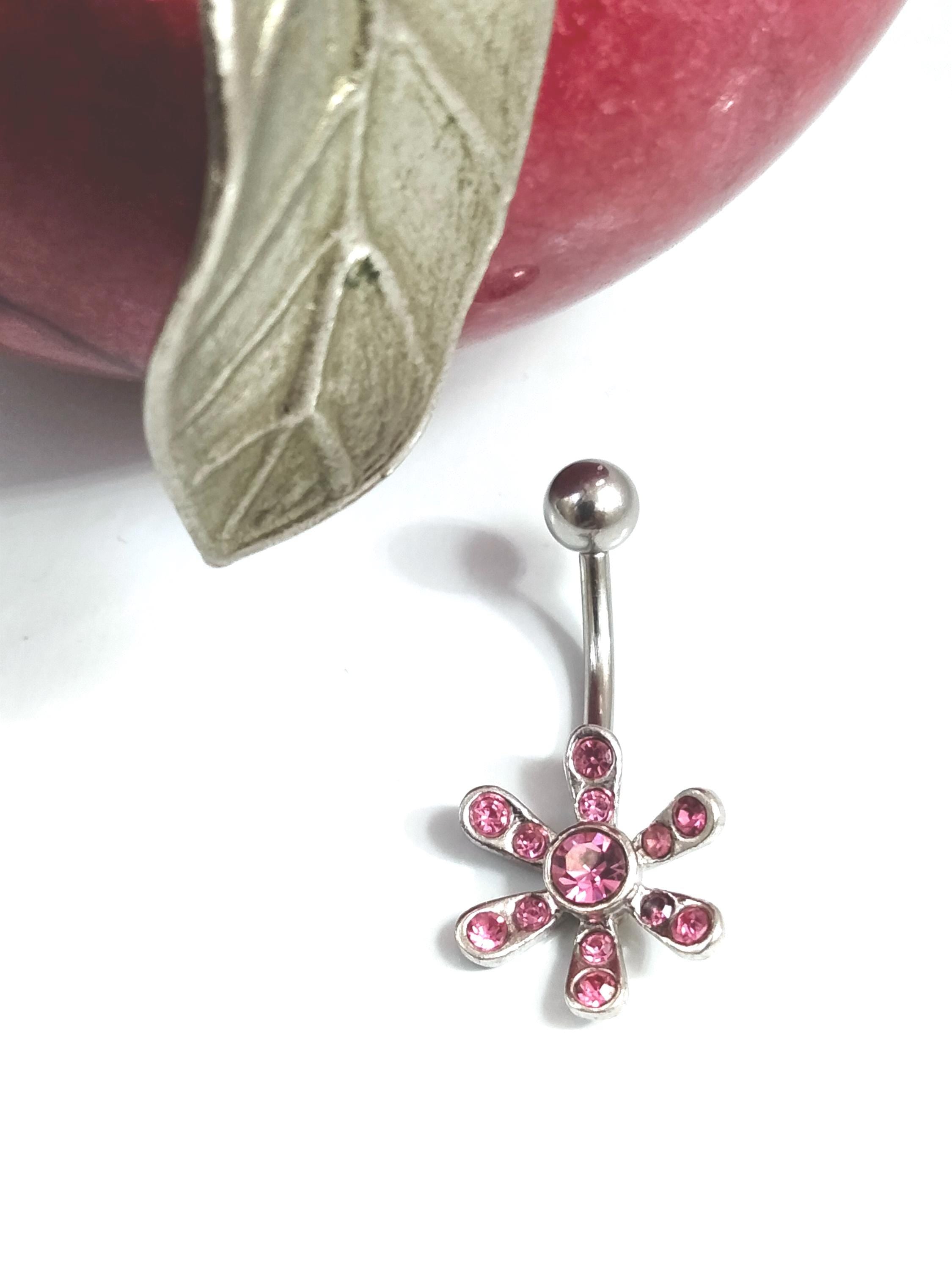 Pink Flower Belly Ring – 14G Rhinestone Navel Jewelry, Surgical Steel