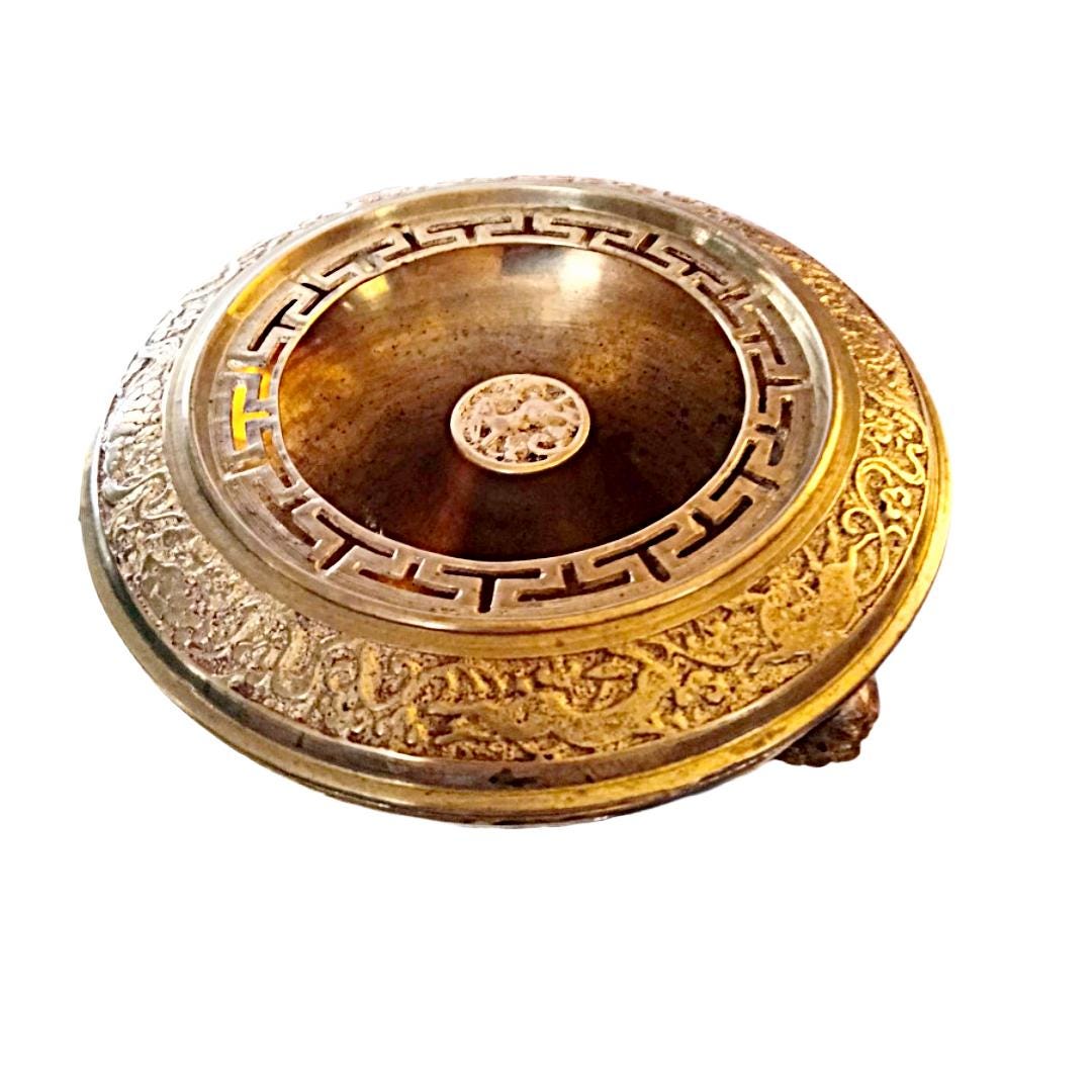Solid Brass Cigar Ashtray & Incense Burner | Ornate Lid | Mid-Century Vintage