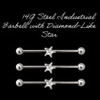 14G Star Industrial Barbell – Surgical Steel, Diamond-Like 5/16" Star Stone