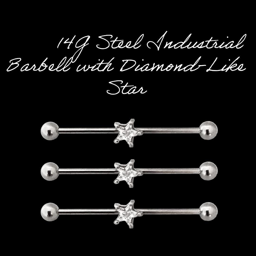 14G Star Industrial Barbell – Surgical Steel, Diamond-Like 5/16" Star Stone