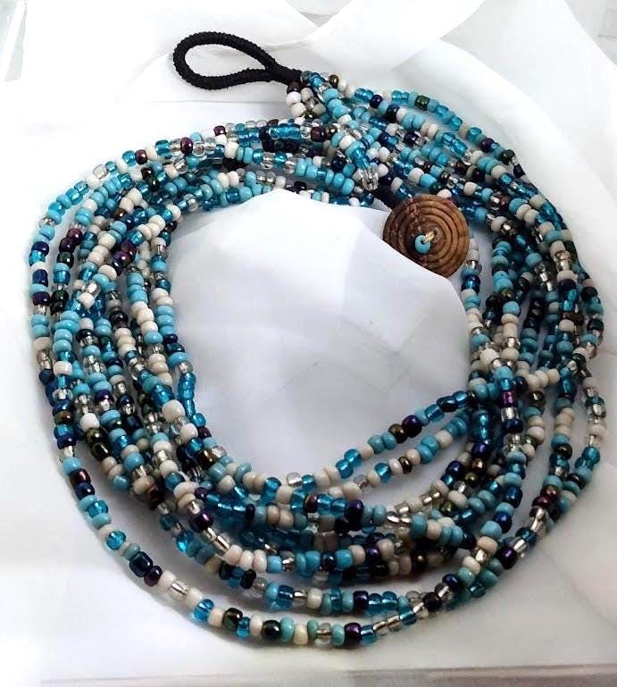 Vintage Nine-Strand Glass Bead Choker – Turquoise, Blue, Silver & More