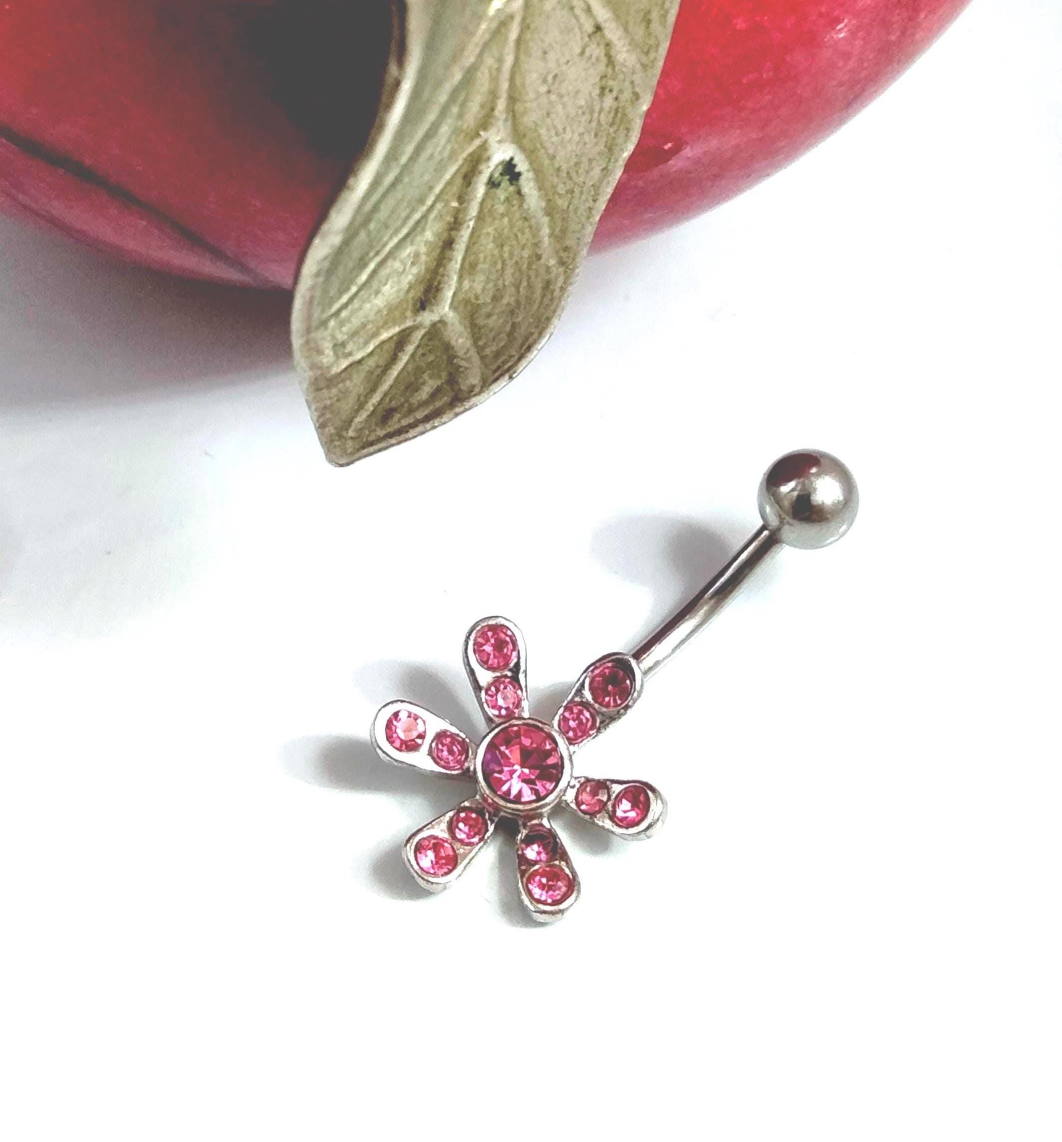 Pink Flower Belly Ring – 14G Rhinestone Navel Jewelry, Surgical Steel