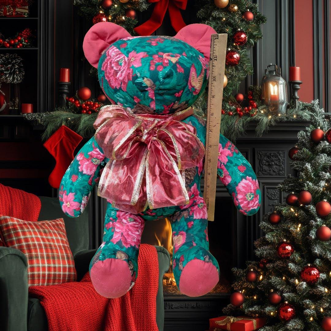 Vintage 1980s Riverdale Christmas Teddy Bear – Poinsettia Fabric, Made in USA, Mint Condition