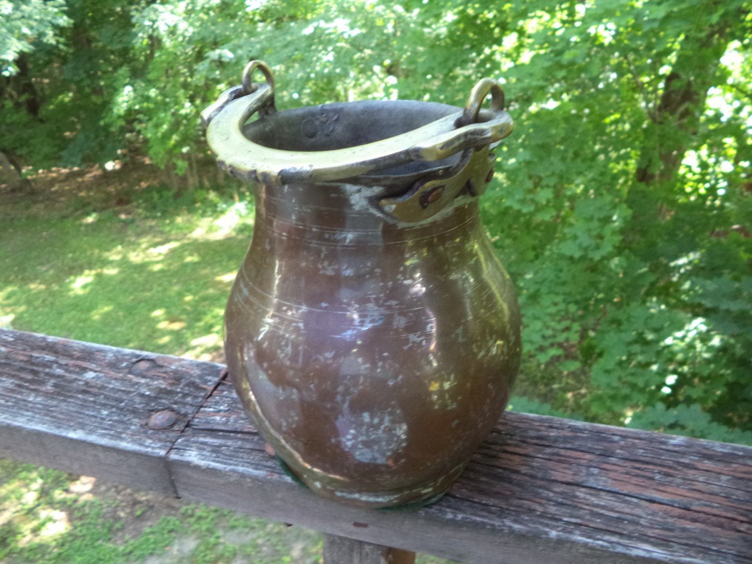 Antique Handmade Metal Bucket – Curved Pail with Gold Tone Handle & Original Hardware