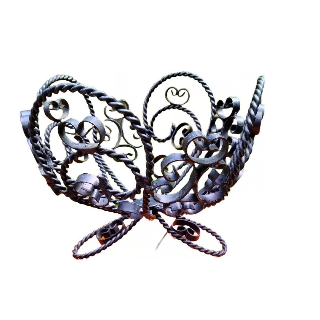 Vintage Italian Wrought Iron Fruit Basket – Black Scrollwork, Midcentury Home Décor