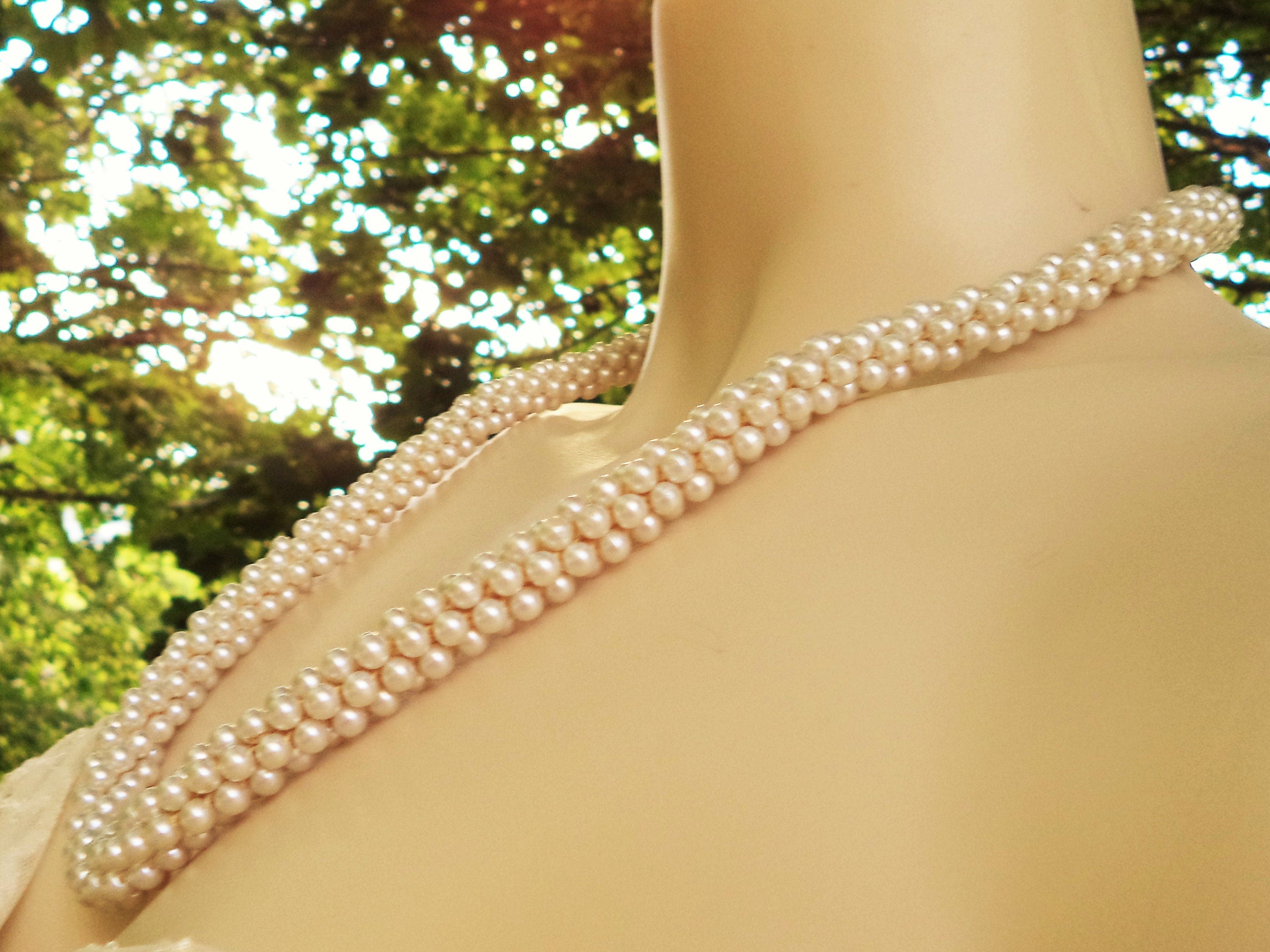 Vintage Faux Creamy White Pearl Crochet Rope Necklace – 12", Slip-Over-Head