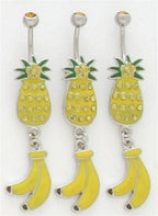14G Pineapple Dangle Belly Ring – Surgical Steel with Yellow Rhinestones