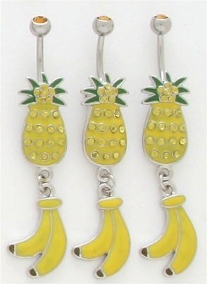 14G Pineapple Dangle Belly Ring – Surgical Steel with Yellow Rhinestones