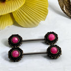 14G Faux Moonstone Nipple Rings – 316L Surgical Steel, Pink-Rouge Cabochon, Sold as Pair
