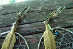 Vintage Handmade Dreamcatcher Earrings – Silver Wire, Gold Feather & Seed Beads