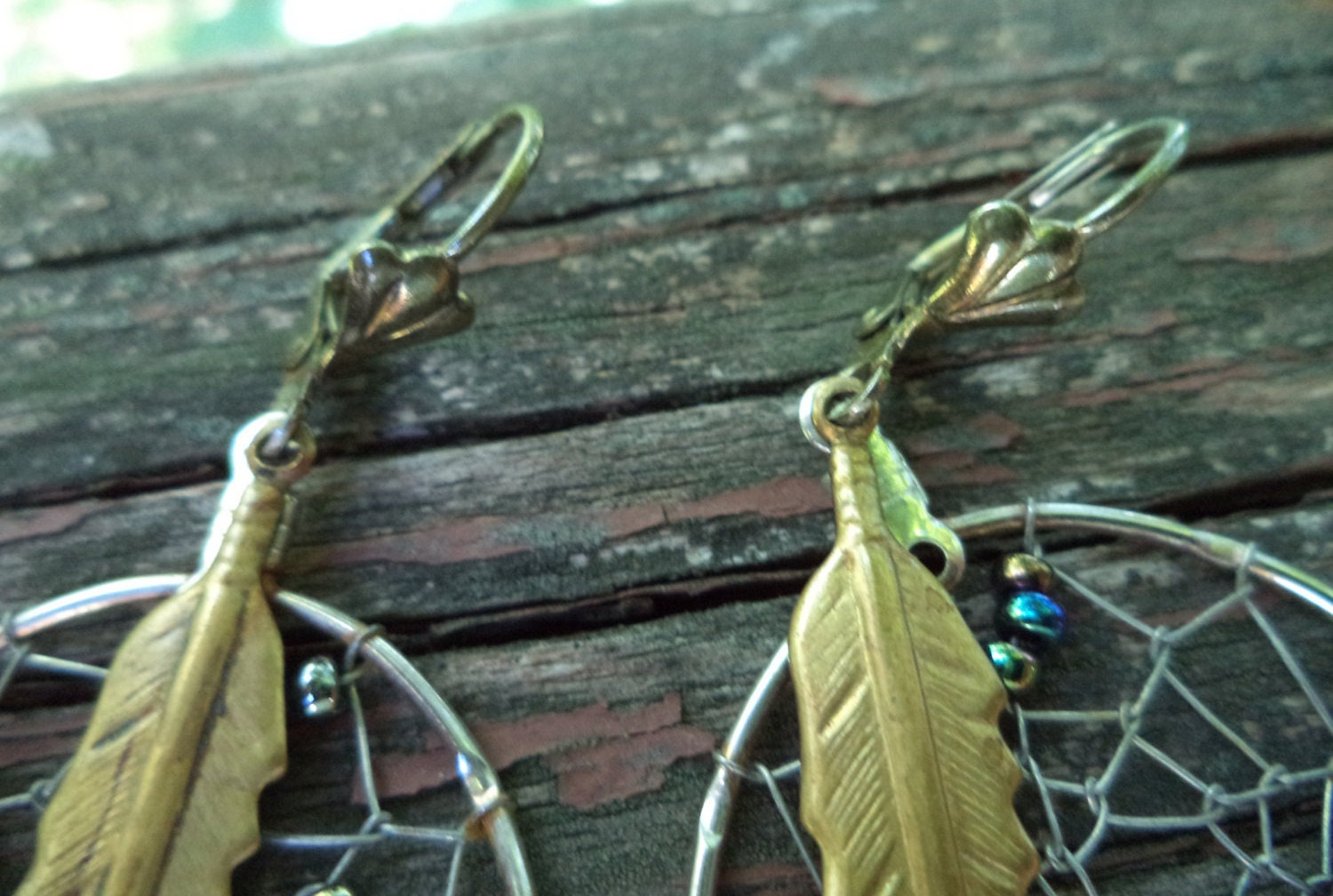 Vintage Handmade Dreamcatcher Earrings – Silver Wire, Gold Feather & Seed Beads