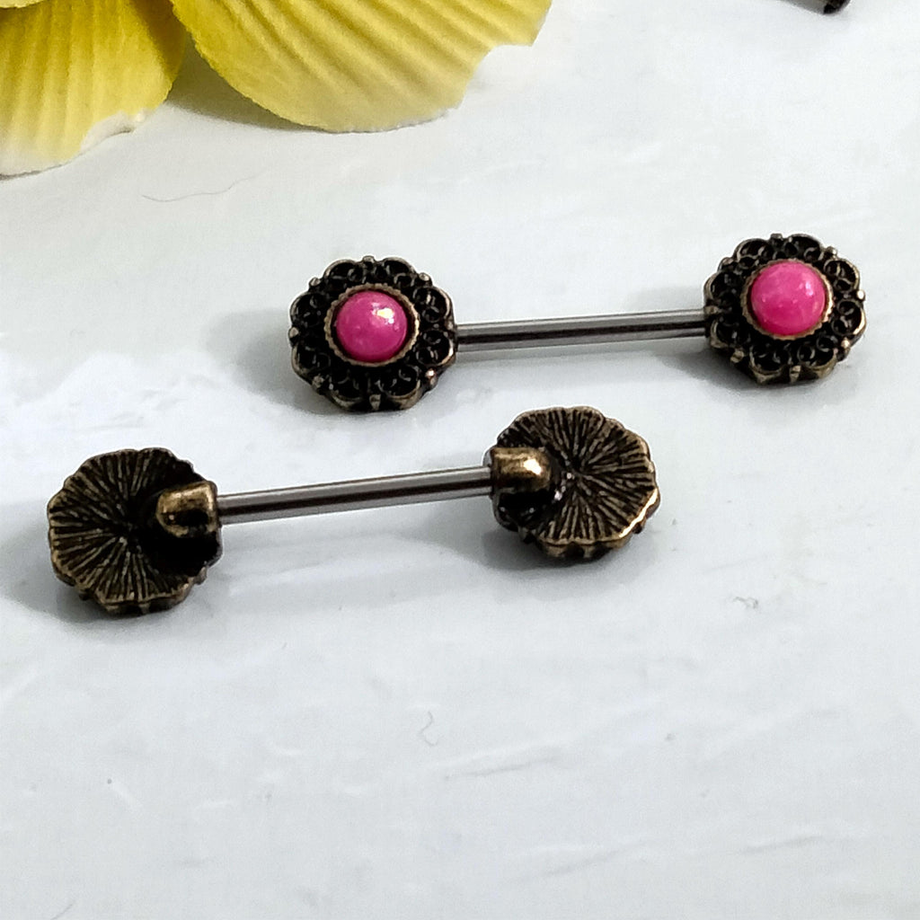 14G Faux Moonstone Nipple Rings – 316L Surgical Steel, Pink-Rouge Cabochon, Sold as Pair