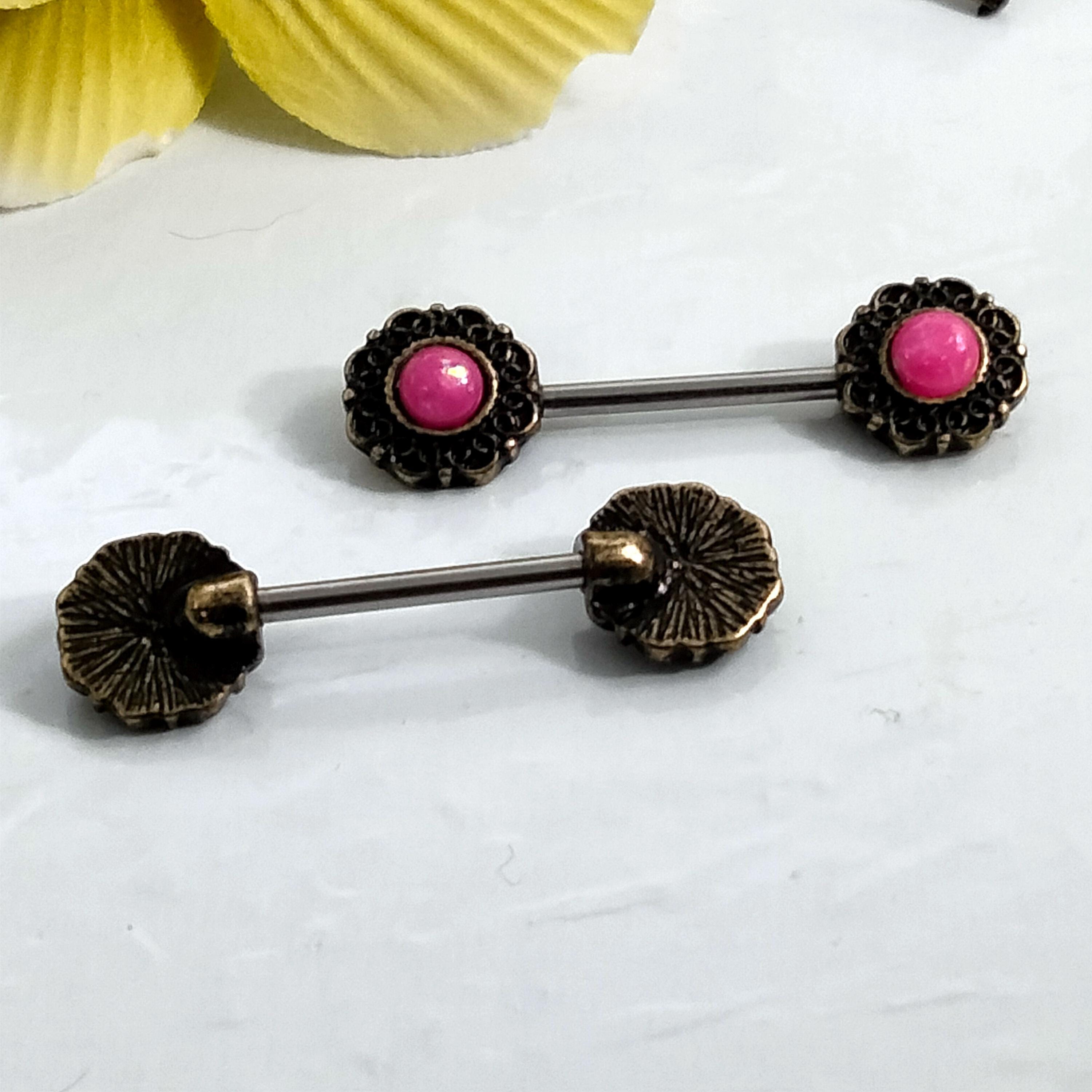 14G Faux Moonstone Nipple Rings – 316L Surgical Steel, Pink-Rouge Cabochon, Sold as Pair
