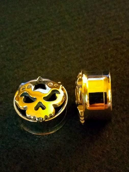 3/4" Stainless Steel Evil Pumpkin Double Flare Flesh Tunnel – Rhinestones, Halloween