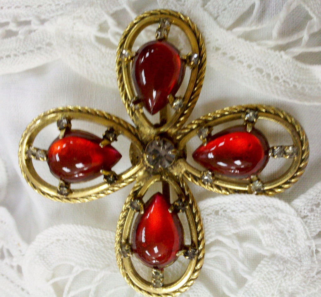 Vintage 1960s Signed Freirich Maltese Cross Brooch – Ruby Red Poured Glass & Rhinestones