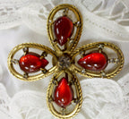 Vintage 1960s Signed Freirich Maltese Cross Brooch – Ruby Red Poured Glass & Rhinestones