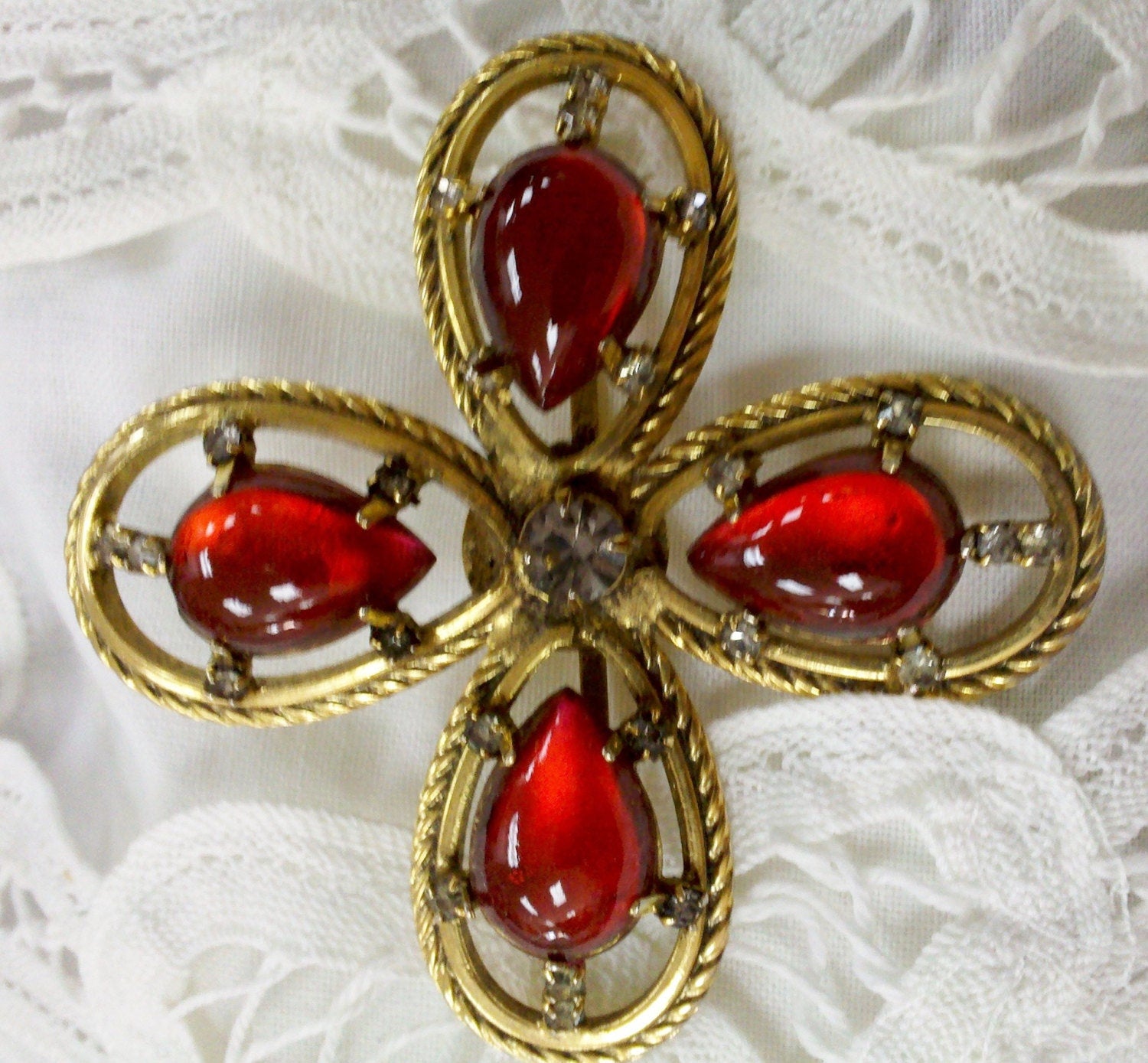 Vintage 1960s Signed Freirich Maltese Cross Brooch – Ruby Red Poured Glass & Rhinestones
