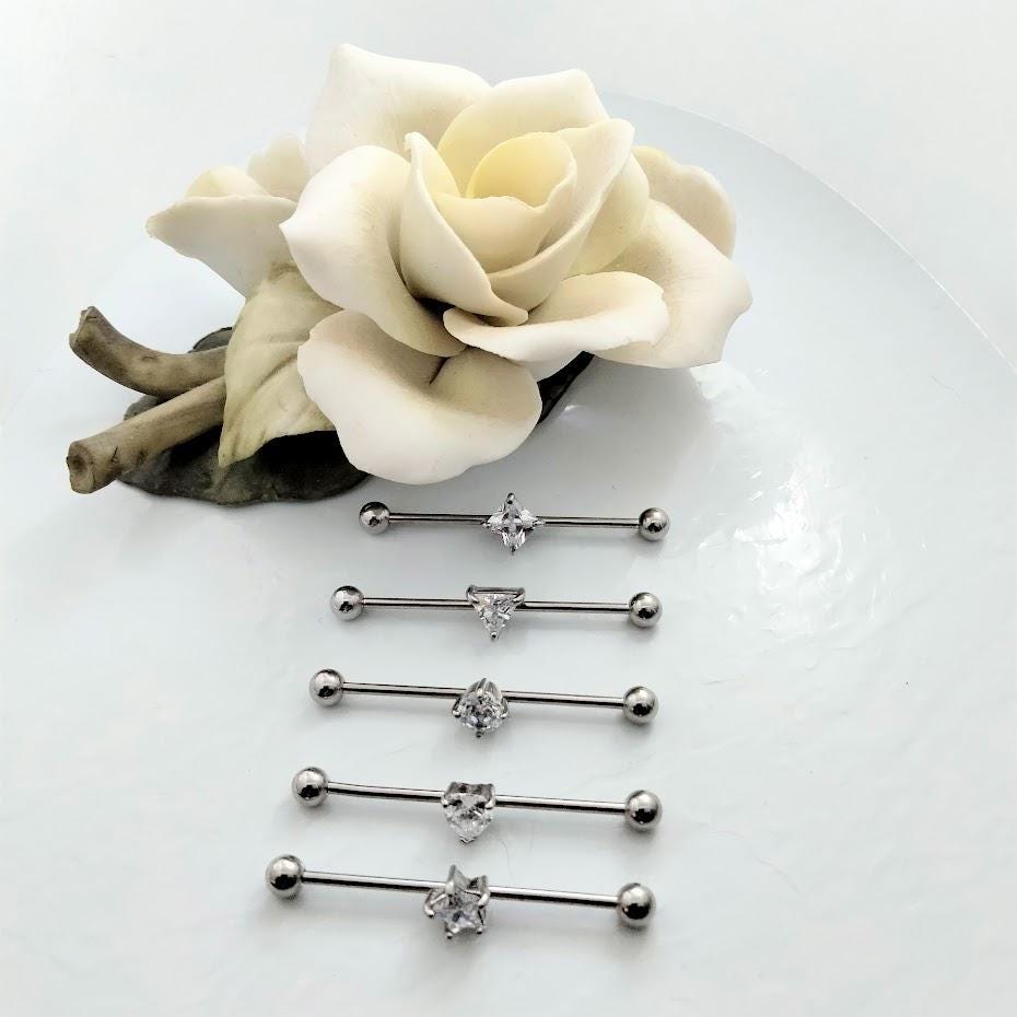 14G Star Industrial Barbell – Surgical Steel, Diamond-Like 5/16" Star Stone