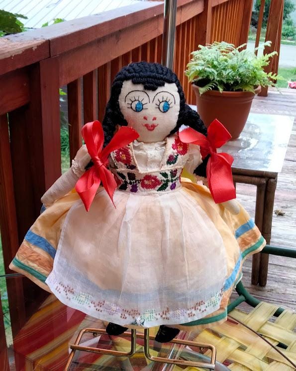 Vintage 1940s Mexican Festival Cloth Doll – 13" Handcrafted Heirloom Display Piece