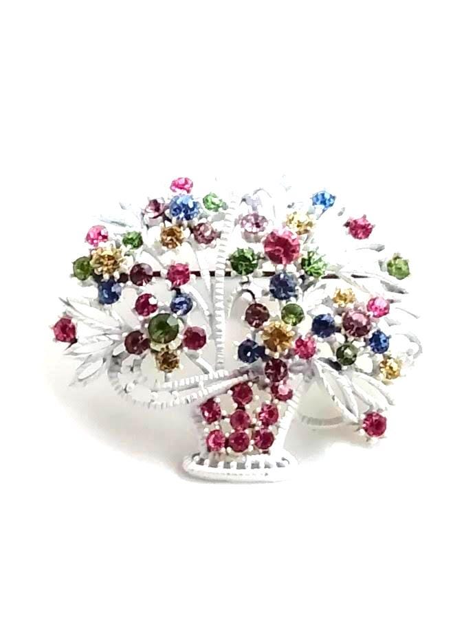 Vintage Rhinestone Flower Basket Brooch – Multicolor Prong-Set Stones, Pristine Condition