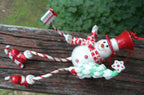 Ice Skating Snowman Christmas Ornament – Wood & Glitter, Striped Scarf & Red Top Hat