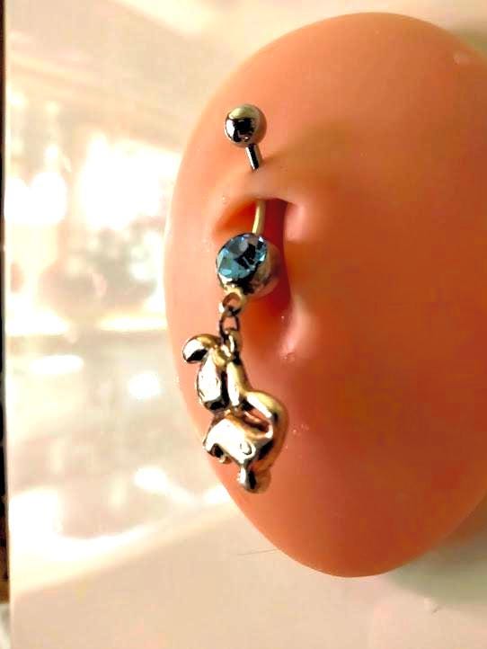 Puppy Dangle Belly Ring – 14G Blue Rhinestone, Surgical Steel