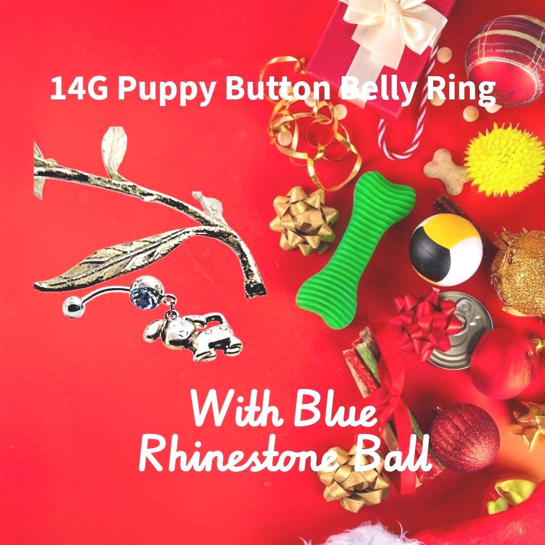 Puppy Dangle Belly Ring – 14G Blue Rhinestone, Surgical Steel